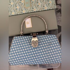 Elegant Blue Patterned Handbag with Crystal Mickey Mouse Clasp